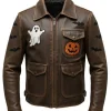 Halloween Patches Distressed Brown Leather Jacket