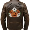Halloween Patches Distressed Brown Leather Jacket Back