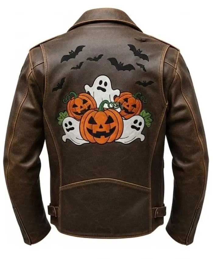 Halloween Patches Distressed Brown Leather Jacket Back