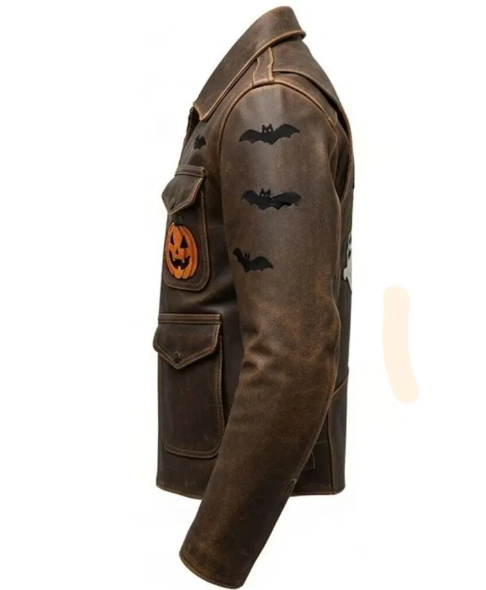 Halloween Patches Distressed Brown Leather Jacket Side