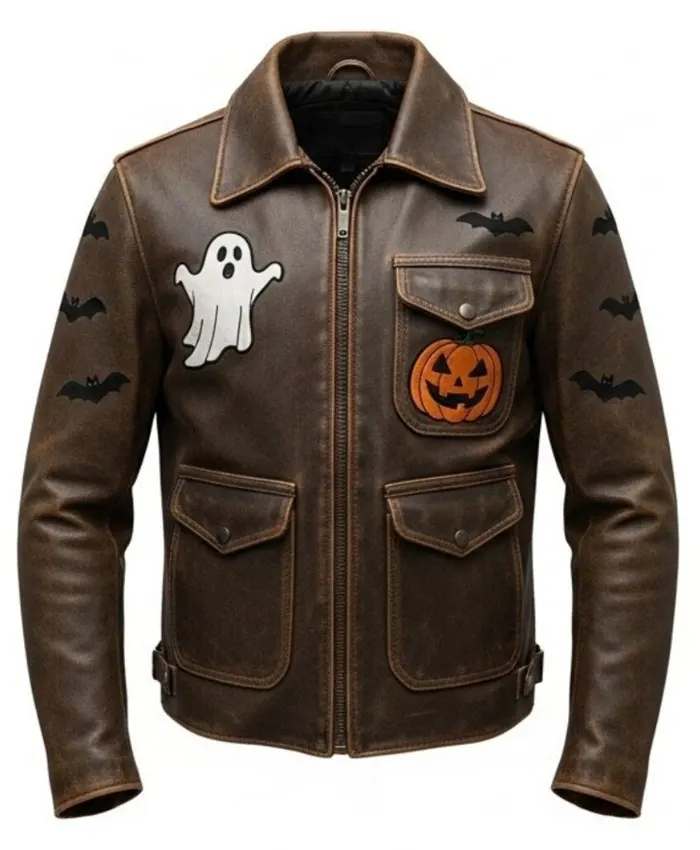 Halloween Patches Distressed Brown Leather Jacket