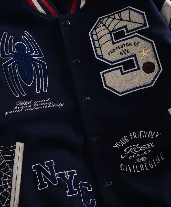 Halloween Protector Of NYC Navy And Butter Letterman Varsity Jacket On Sale