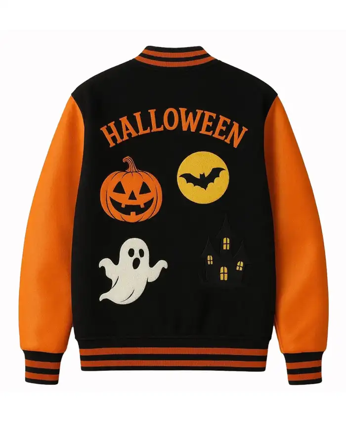Halloween Pumpkin Ghost Varsity Jacket For Sale