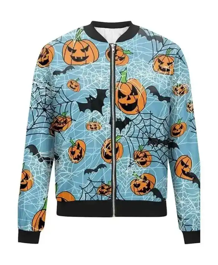 Halloween Pumpkins Blue Bomber Jacket