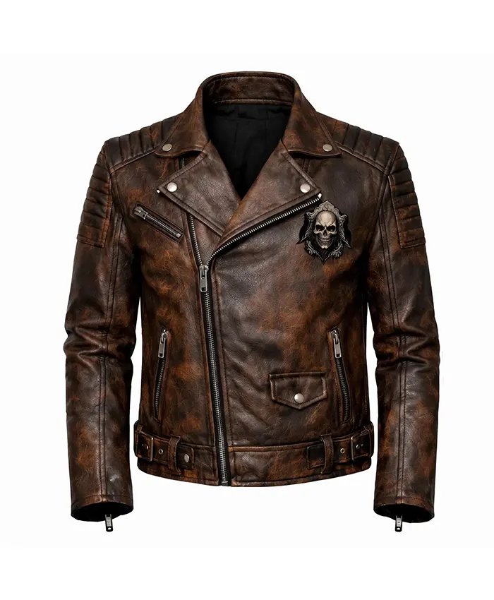 Halloween Skull Back Brown Leather Biker Jacket