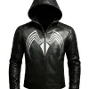 Halloween Spider Black Hooded Leather Jacket Front