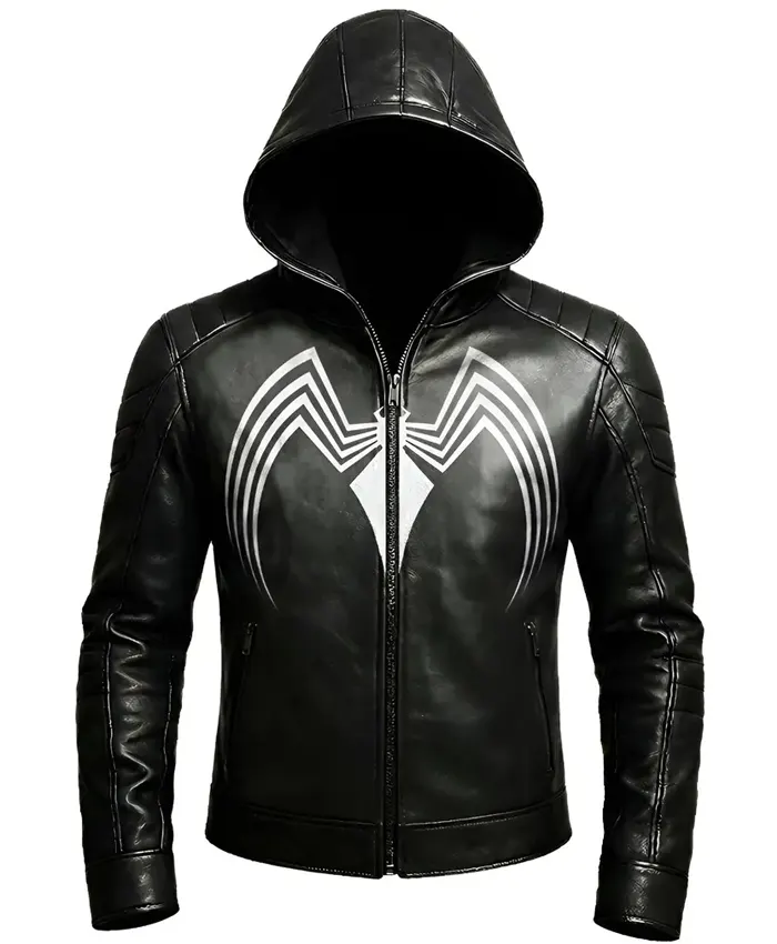 Halloween Spider Black Hooded Leather Jacket Front