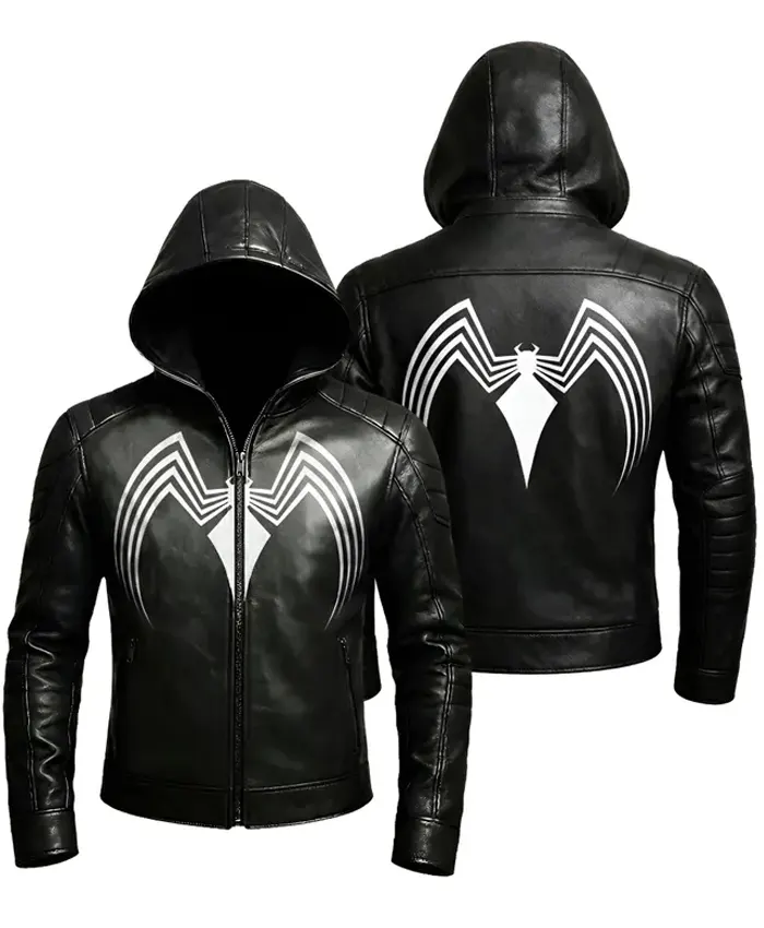 Halloween Spider Black Hooded Leather Jacket
