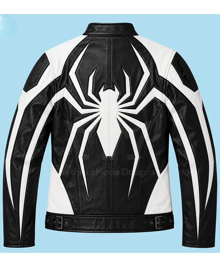 Halloween Spider Black and White Leather Moto Jacket Back