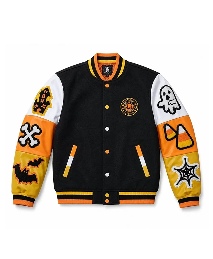 Halloween Spooky Boo Embroidered Patches Varsity Jacket