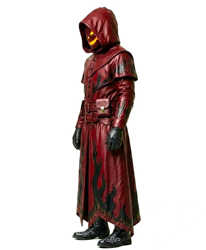Halloween x Gothic Cosplay Red Leather Duster Coat Side