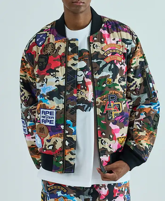 Hybrid Camo Multi Badge Padded MA-1 Jacket Front