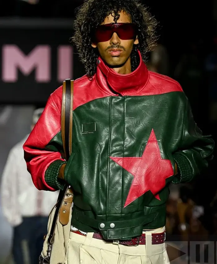 KidSuper SS27 Red And Green Star Leather Bomber Jacket