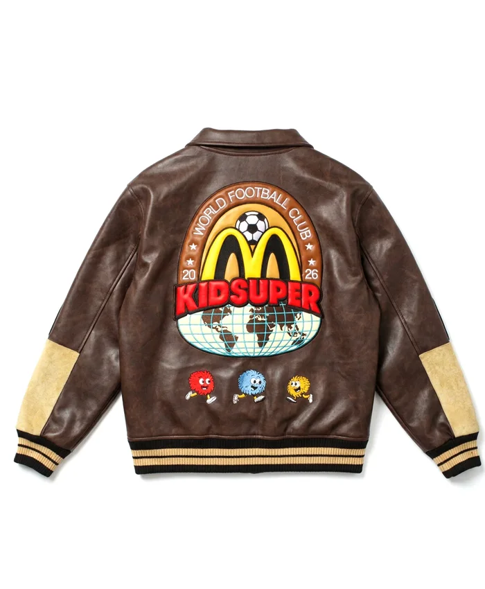 KidSuper x McDonald’s SS27 Distressed Brown Leather Bomber Jacket On Sale