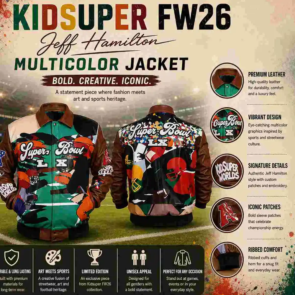 Kidsuper FW26 Jeff Hamilton Jacket Infographic