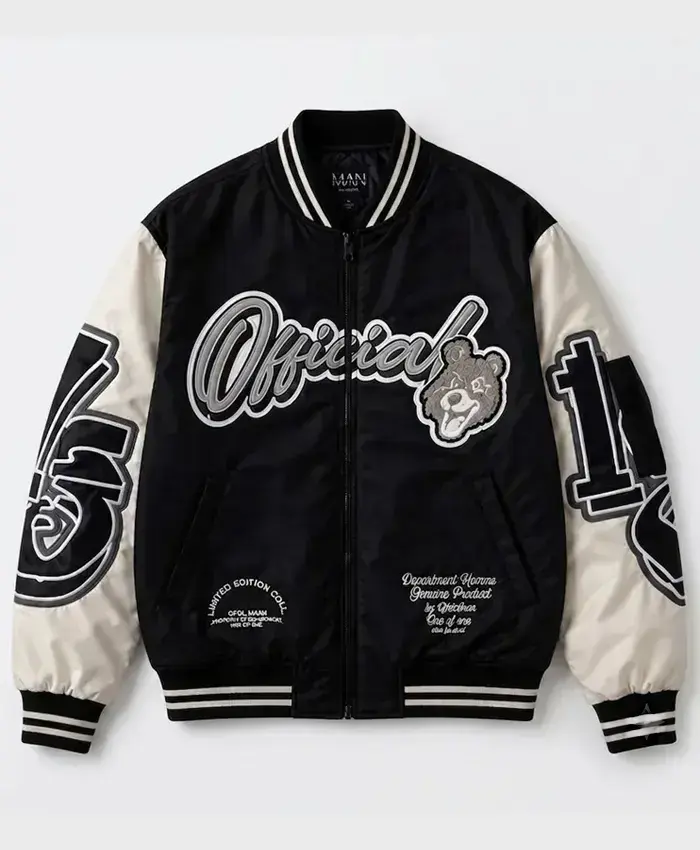Lamine Yamal BoohooMAN Teddy Badge 2026 Black and White Satin Bomber Jacket Front