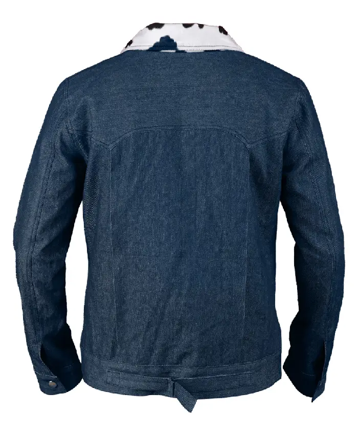 Shop Levi’s x Toy Story Type II Cropped Blue Denim Jacket with Cow-Print Collar for Sale