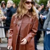 Lily James Fashion Week Brown Leather Jacket