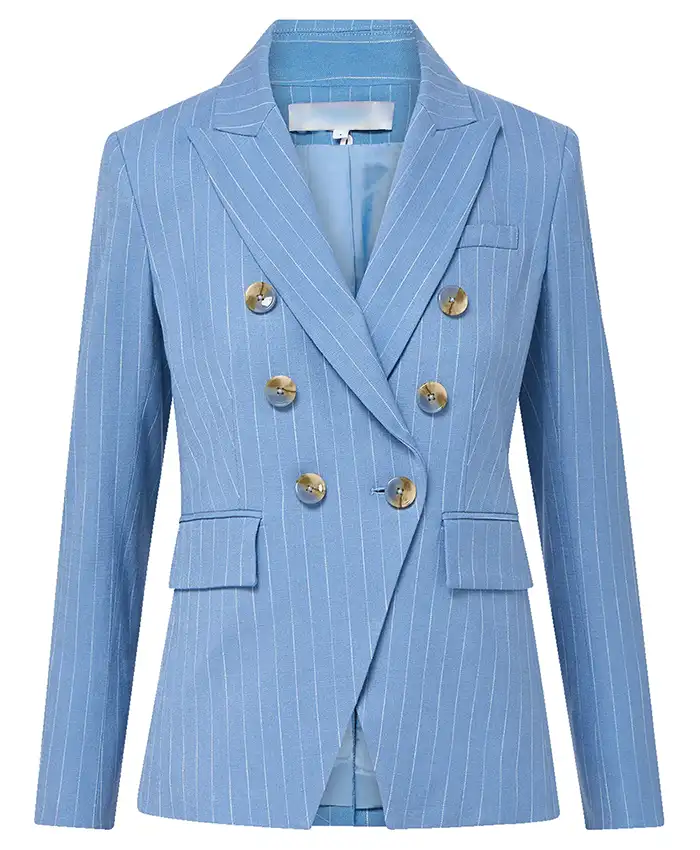 Lisseth Chavez San Diego Comic-Con 2026 Blue Pinstriped Suit Front