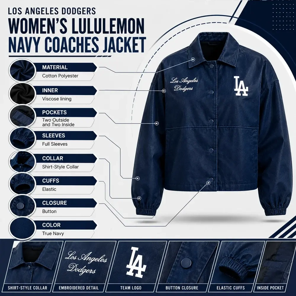 Los Angeles Dodgers Women's lululemon Navy Coaches Jacket Infographic