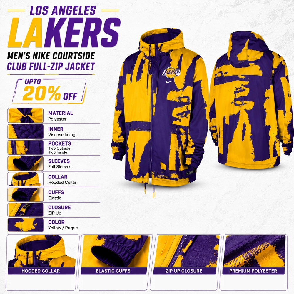 Los Angeles Lakers Men's Nike Courtside Club Full-Zip Jacket Infographic