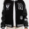 Los Angeles Raiders World Champs Black Wool with Leather Sleeves Varsity Jacket Front