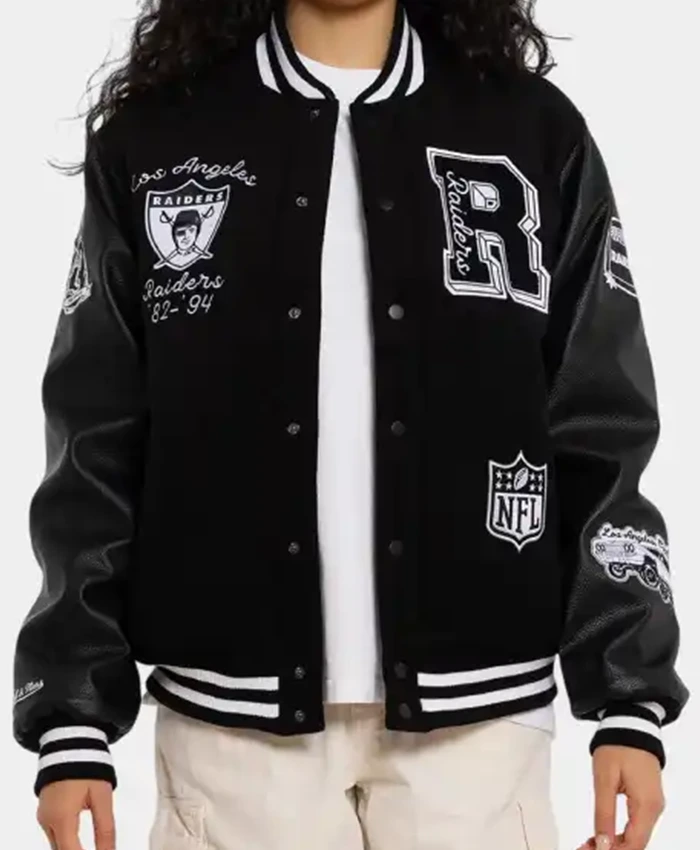 Los Angeles Raiders World Champs Black Wool with Leather Sleeves Varsity Jacket Front