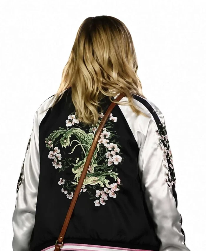 Maria Bakalova Movie All Night Wrong 2026 Black White Satin Bomber Jacket Back