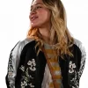 Maria Bakalova Movie All Night Wrong 2026 Black White Satin Bomber Jacket Front