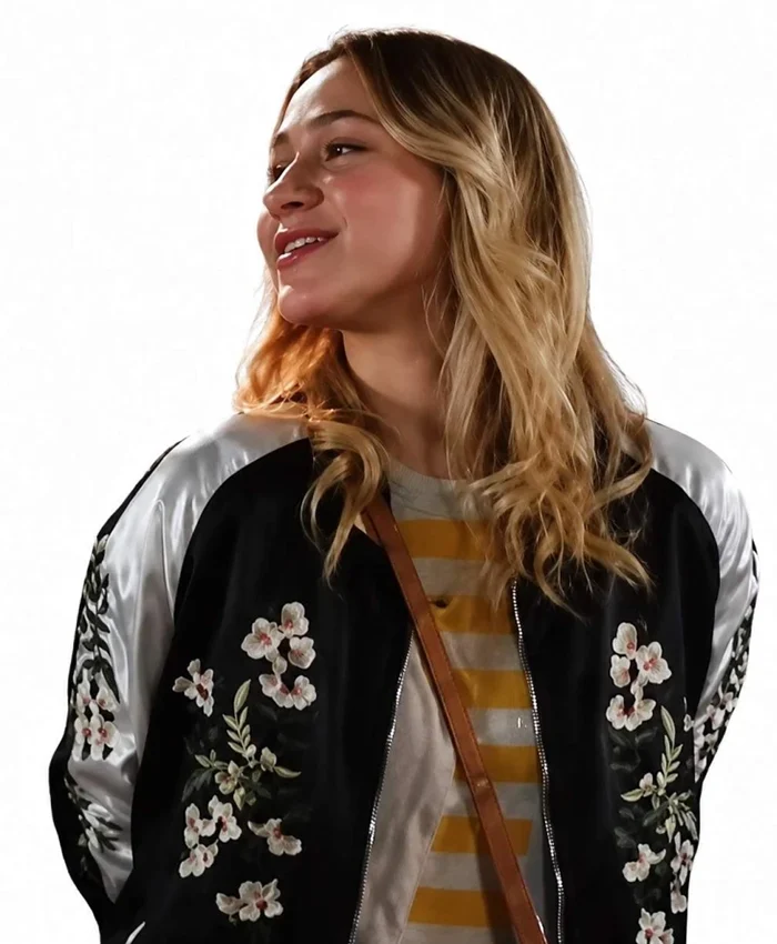 Maria Bakalova Movie All Night Wrong 2026 Black White Satin Bomber Jacket Front