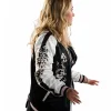 Maria Bakalova Movie All Night Wrong 2026 Black White Satin Bomber Jacket Side