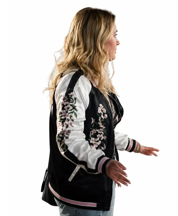 Maria Bakalova Movie All Night Wrong 2026 Black White Satin Bomber Jacket Side