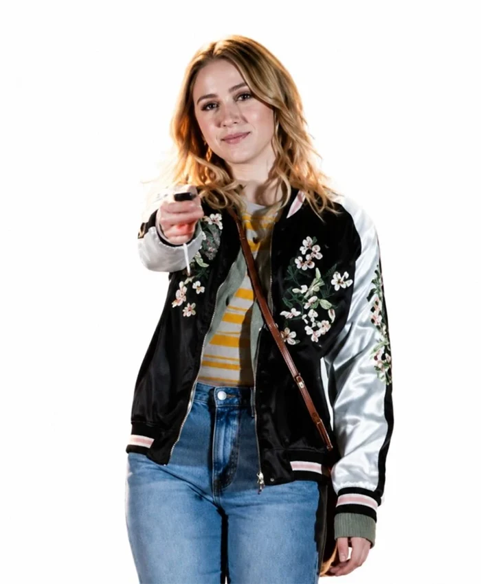 Maria Bakalova Movie All Night Wrong 2026 Black White Satin Bomber Jacket