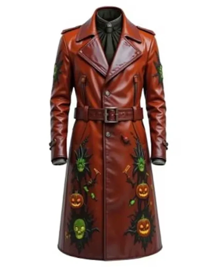 Men’s Gothic Halloween Pumpkin Brown Leather Coat
