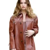 Milan Fashion Week 2026 Lily James Brown Laced Up Leather Jacket Front