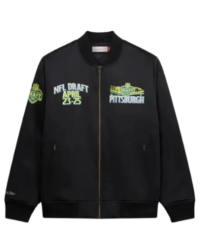 Mitchell & Ness 2026 Draft Satin Full-Zip Bomber Jacket Front