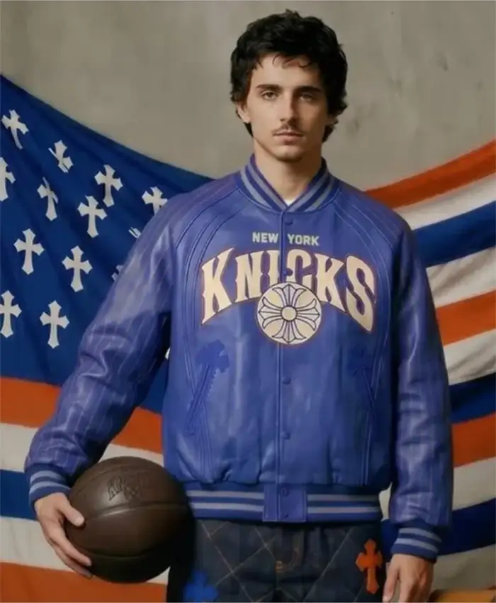 New York Knicks Chrome Hearts Varsity Jacket Blue Front View