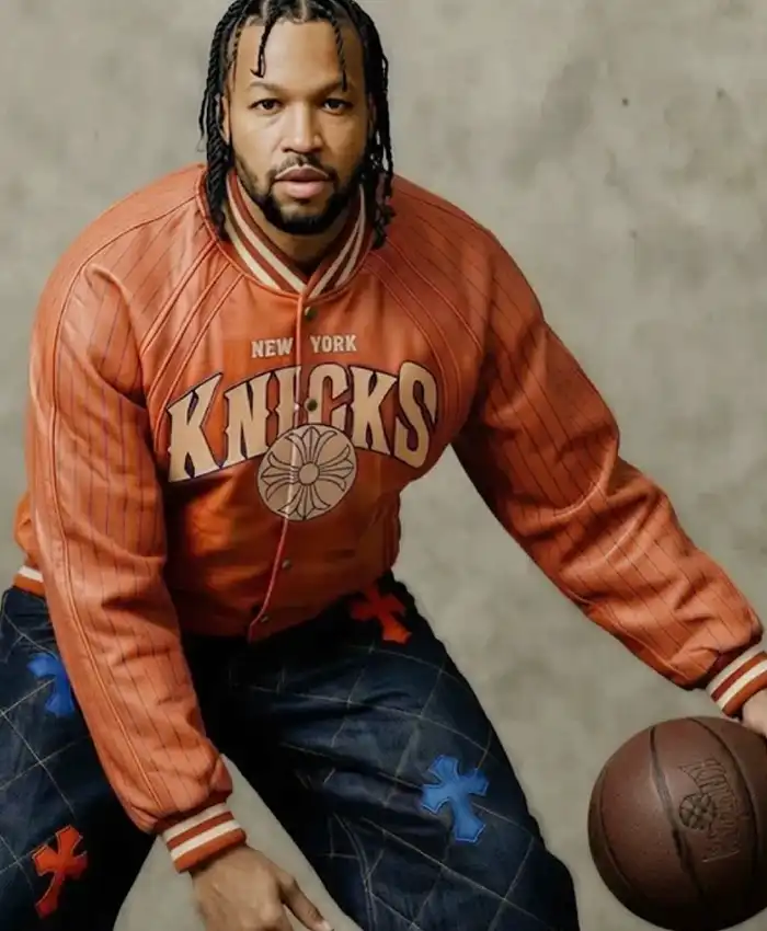 New York Knicks Chrome Hearts Varsity Jacket Orange Front View