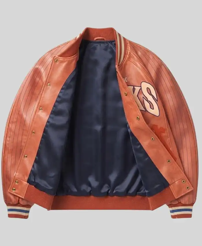 New York Knicks Chrome Hearts Varsity Jacket Orange Front