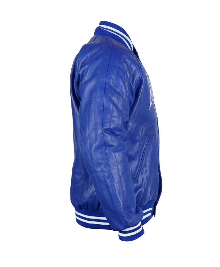 Blue and orange New York Knicks Chrome Hearts leather varsity jacket with rib-knit collar