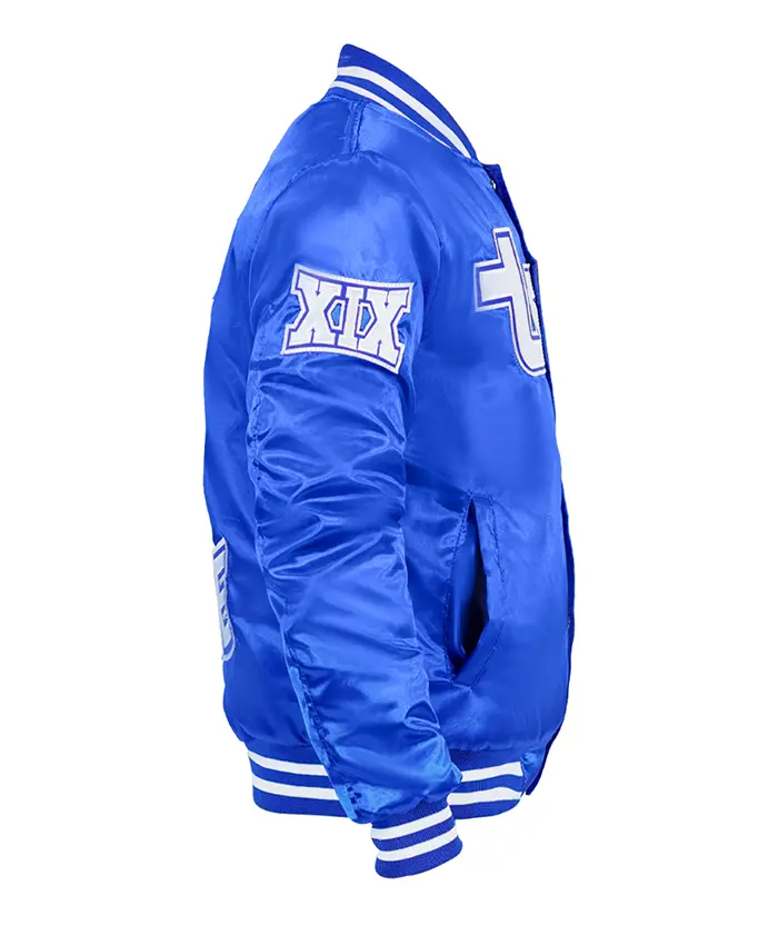On Sale Tennessee State University Blue Cropped Satin Varsity Jacket