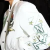 POP ROMANCE x OFF White WNBA New York Liberty White Leather Letterman Jacket Front