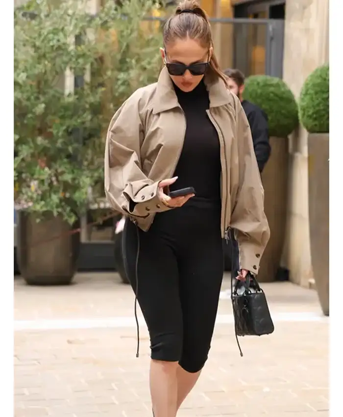 Paris 2026 Jennifer Lopez Breezy Khaki Bomber Jacket
