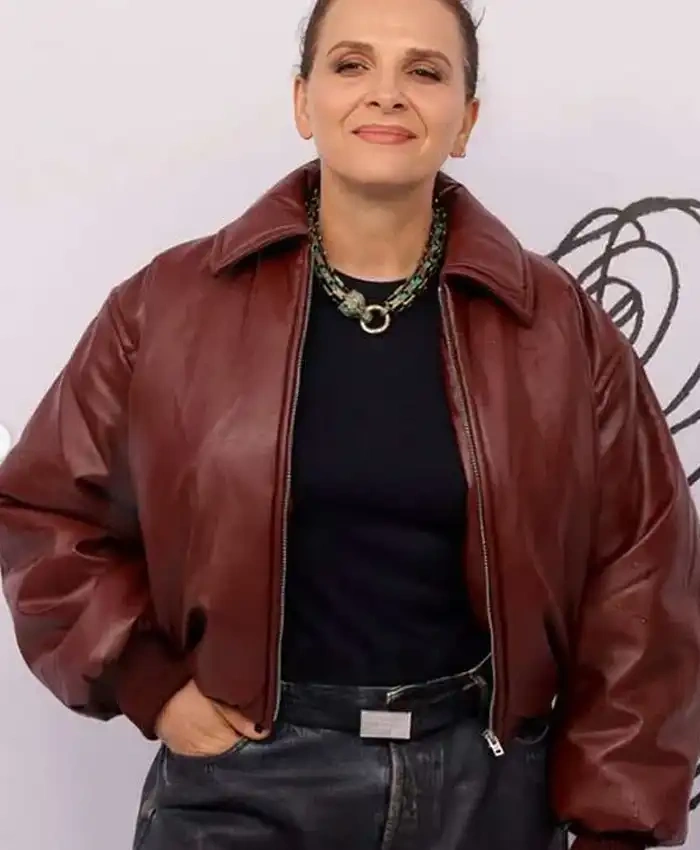 Paris Fashion Week 2026 Juliette Binoche Leather Jacket Front