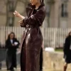 Pom Klementieff Rabanne PFW Show 2026 Burgundy Leather Trench Coat