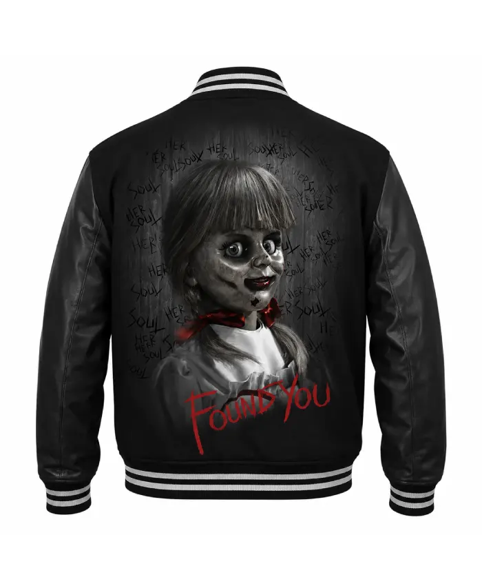 Annabelle Halloween black varsity jacket with horror-inspired design