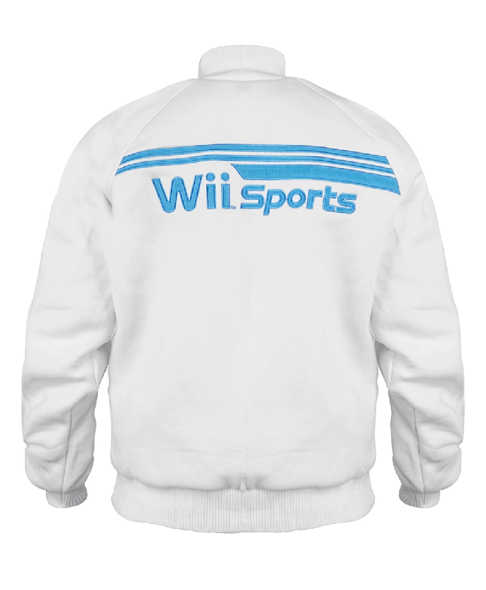 Vintage-style white zip-front track jacket with blue striped design