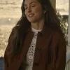 Quinn O’Grady TV Series Ransom Canyon 2026 Minka Kelly Brown Suede Leather Fringe Jacket Front