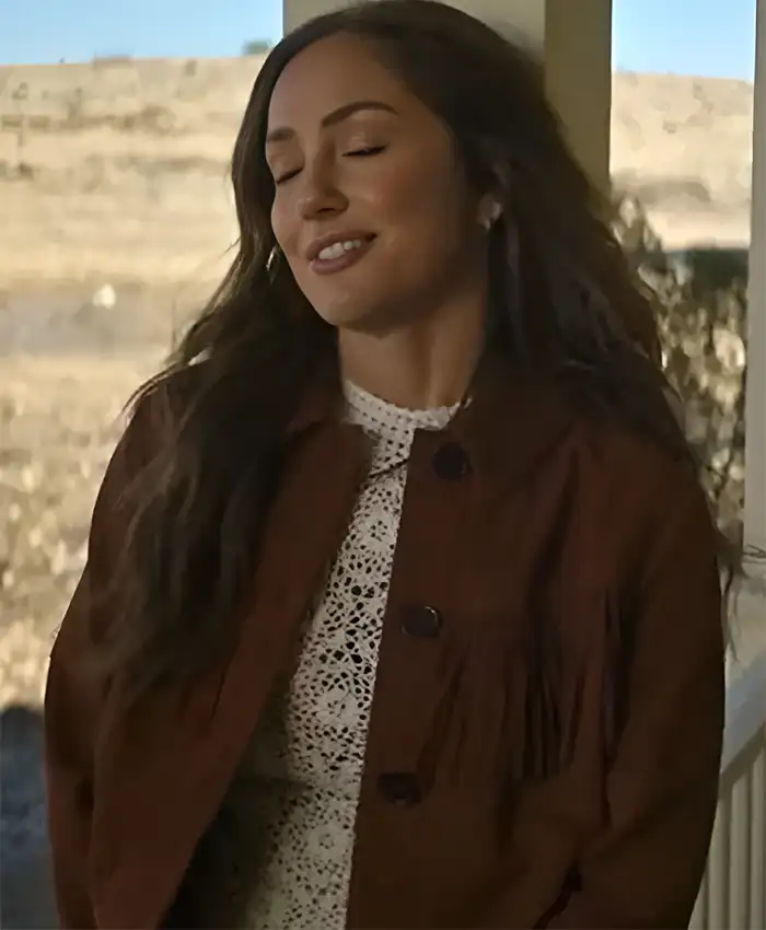Quinn O’Grady TV Series Ransom Canyon 2026 Minka Kelly Brown Suede Leather Fringe Jacket Front