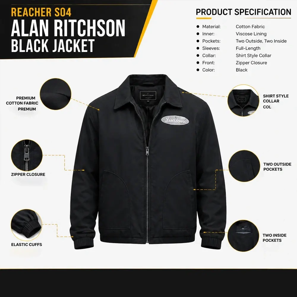 Reacher S04 Alan Ritchson Black Jacket Infographic